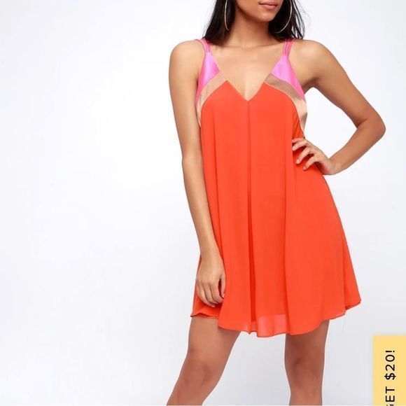 Lulus Bright On Coral Orange Pink Color Block Swing Dress MEDIUM - Picture 2 of 12